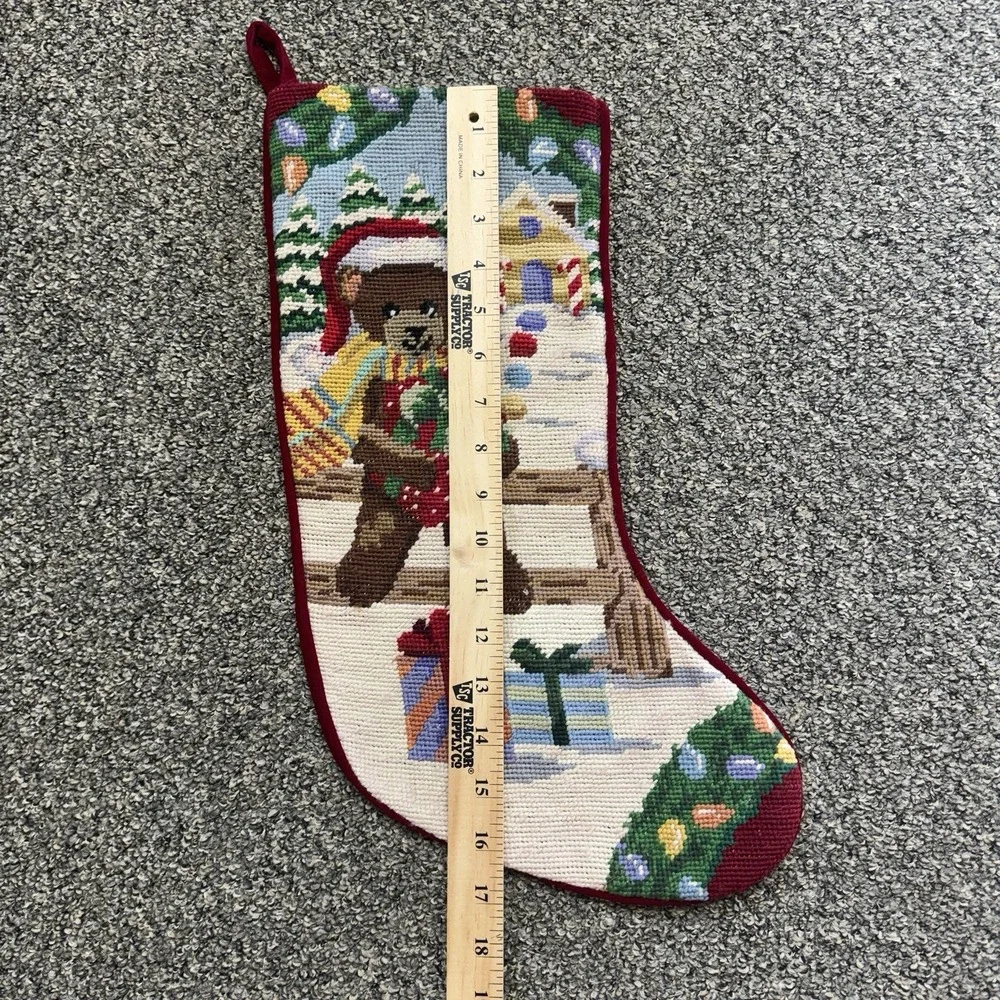 Teddy Bear Santa Needlepoint Christmas Stocking 17 Inches Velvet Back